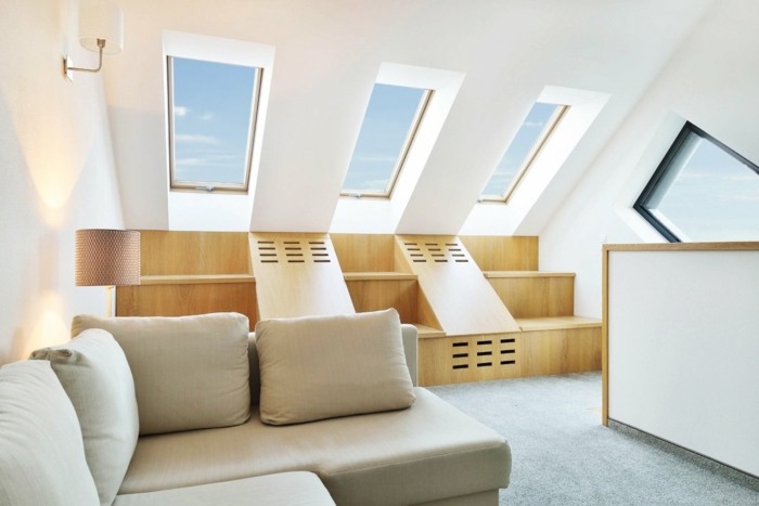 Grand salon avec avec des fenêtres de toit Roto